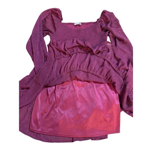 Altar’d State Women’s Vibrant Burgundy Babydoll Tiered Long Sleeve Dress Sparkle - Picture 8 of 10
